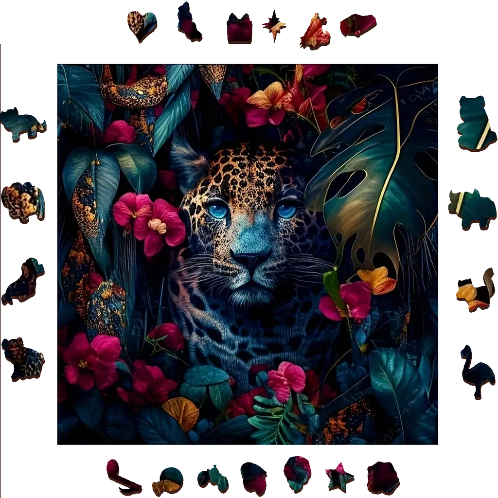 Leopard Among The Dark Flowers - Wooden Jigsaw Puzzle - image 1