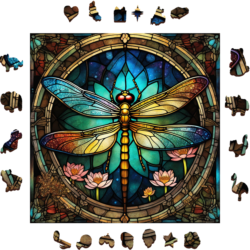 Majestic Colored Glass Dragonfly - Wooden Jigsaw Puzzle - image 1