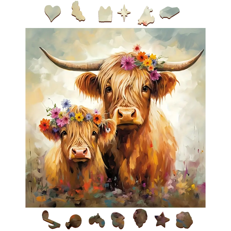 Colourful Floral Highland Cows - Wooden Jigsaw Puzzle - image 1