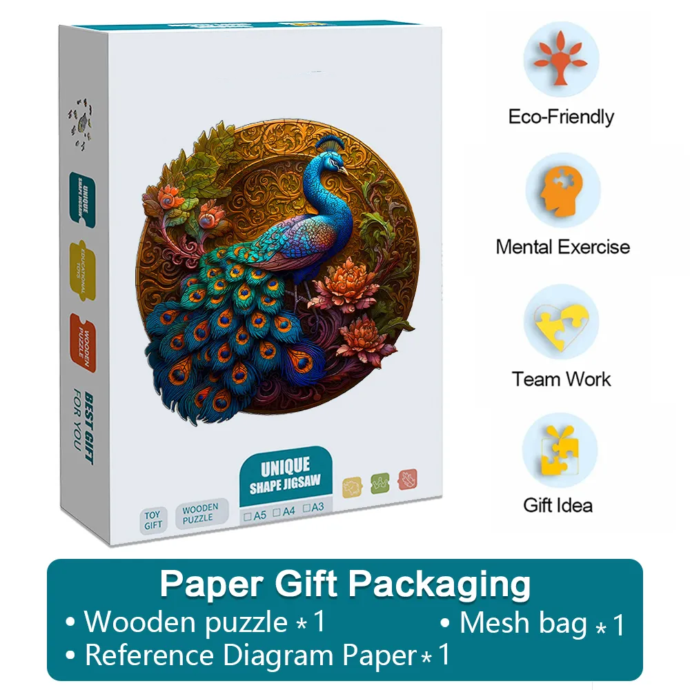 Peacock Peony - Wooden Jigsaw Puzzles - A2 - Paper Gift Packaging - image 4