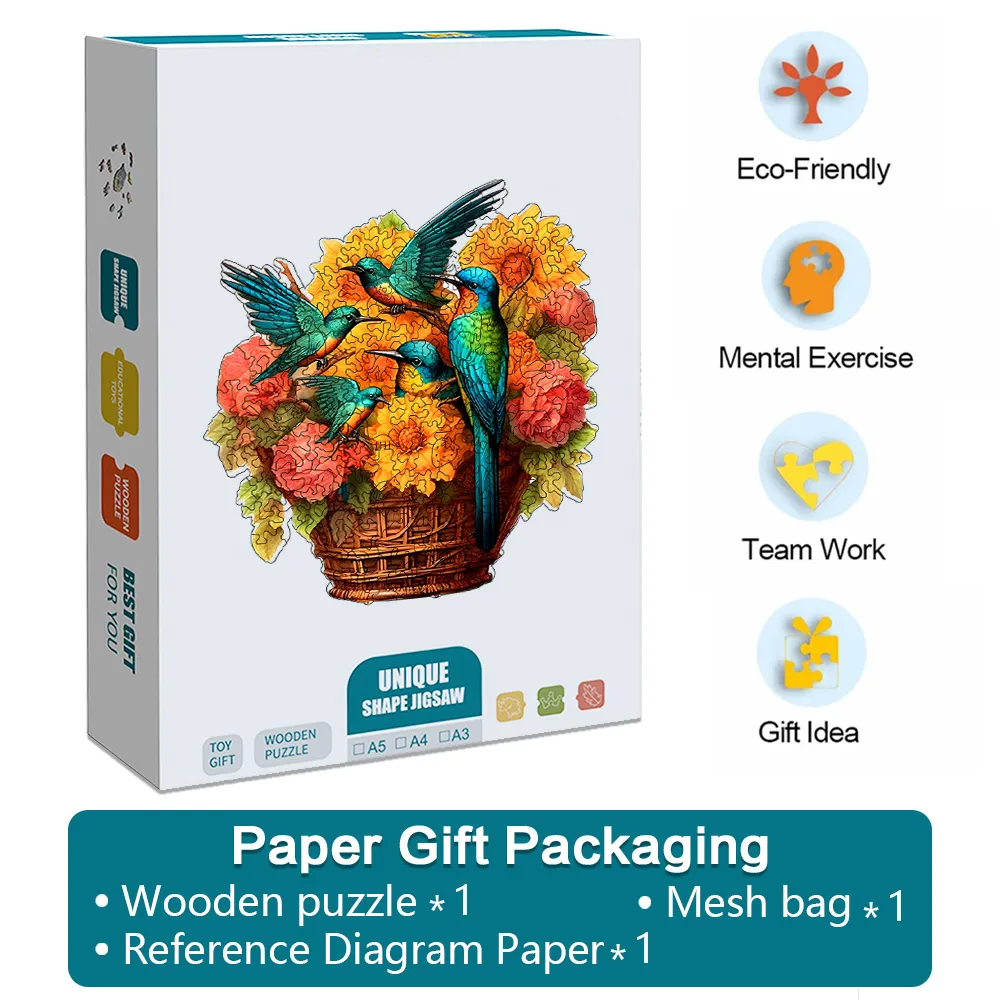 Flower Basket Hummingbird - Wooden Jigsaw Puzzles - A2 - Paper Gift Packaging - image 5
