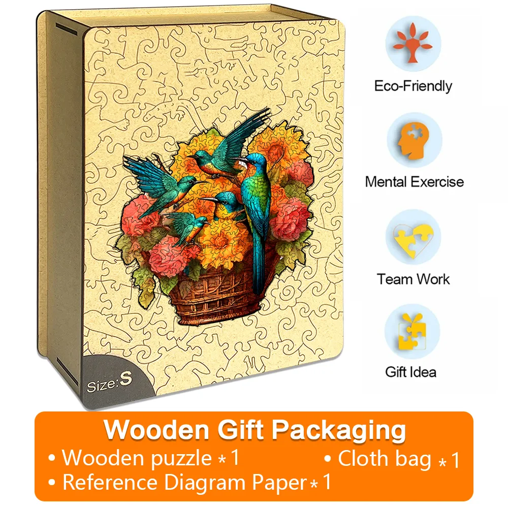 Flower Basket Hummingbird - Wooden Jigsaw Puzzles - A2 - Wooden Gift Packaging - image 4