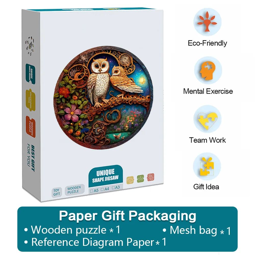 Owl Couple - Wooden Jigsaw Puzzles - A2 - Paper Gift Packaging - image 5