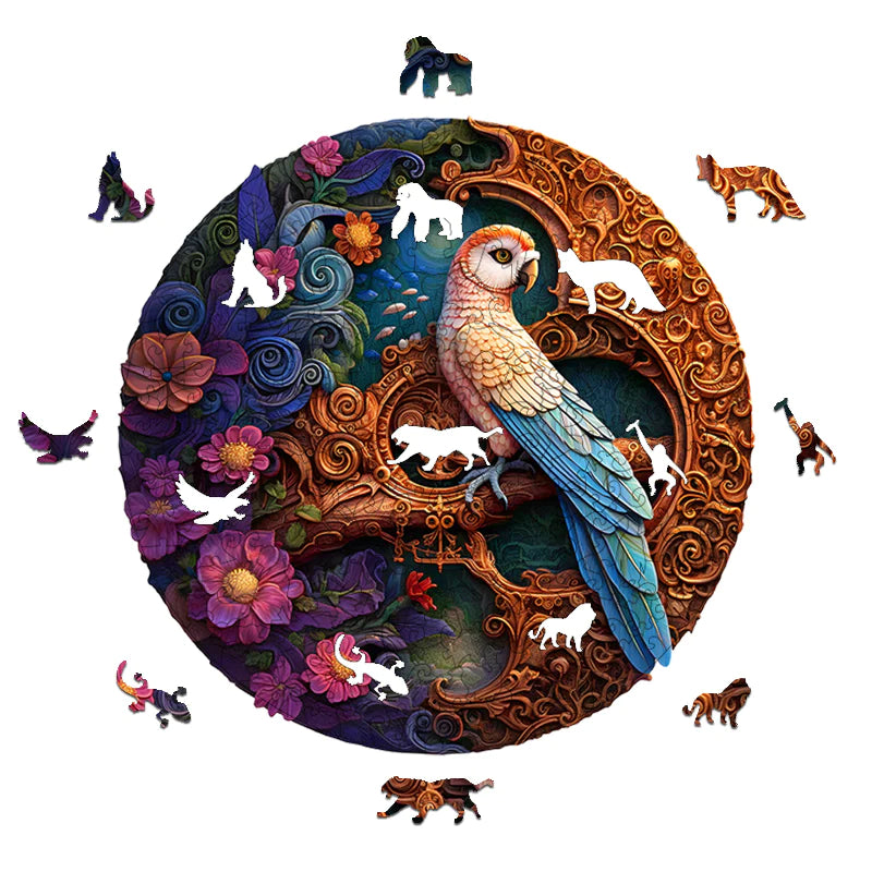 Purple Flower Blue Feather Parrot - Wooden Jigsaw Puzzles - image 1