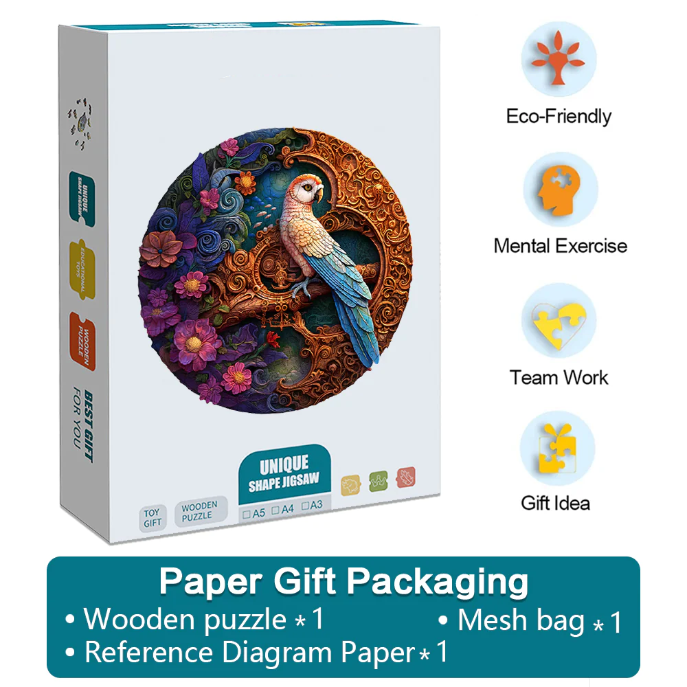 Purple Flower Blue Feather Parrot - Wooden Jigsaw Puzzles - A2 - Paper Gift Packaging - image 4