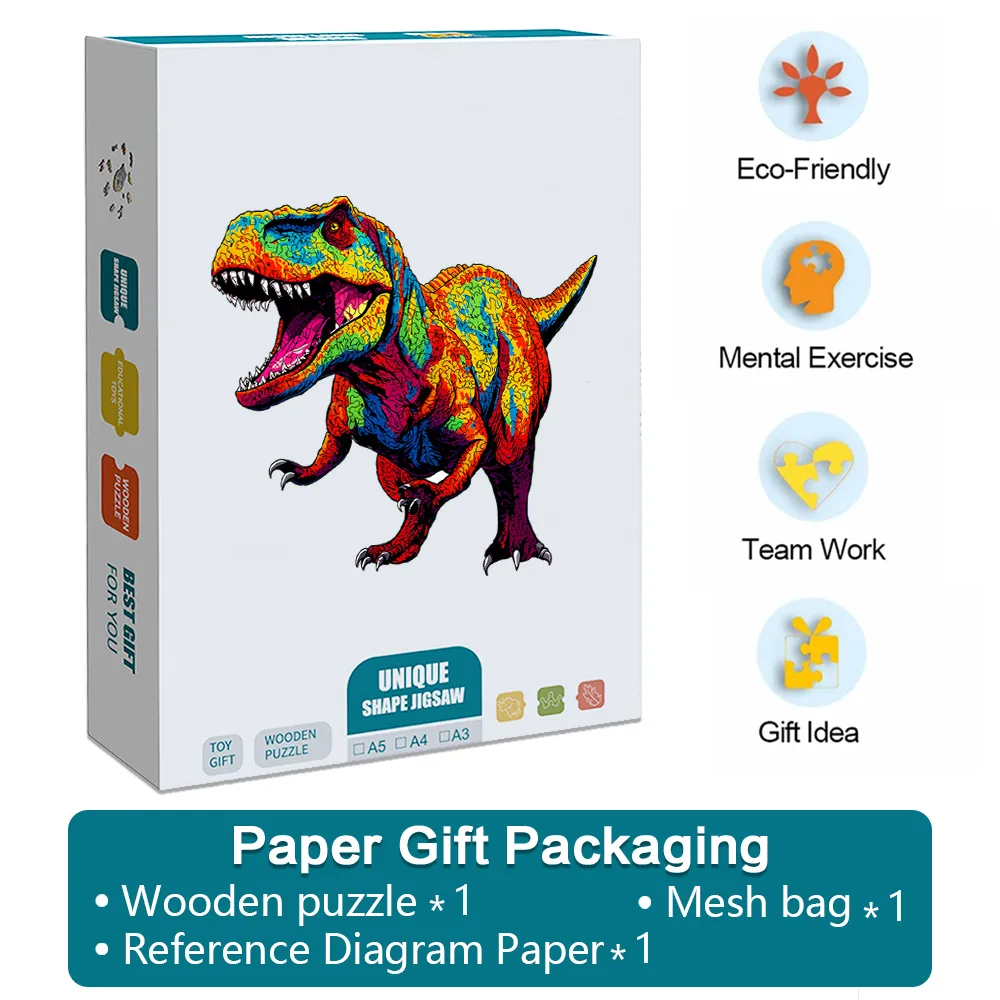 Colorful Tyrannosaurus Rex - Wooden Jigsaw Puzzles - A2 - Paper Gift Packaging - image 4