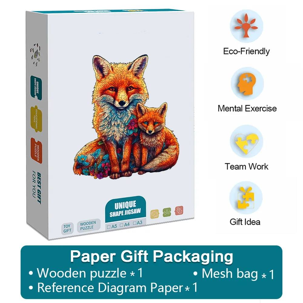 Mother and Child Fox - Wooden Jigsaw Puzzles - A2 - Paper Gift Packaging - image 5