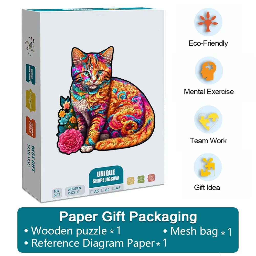 Curly Cat - Wooden Jigsaw Puzzles - A2 - Paper Gift Packaging - image 5