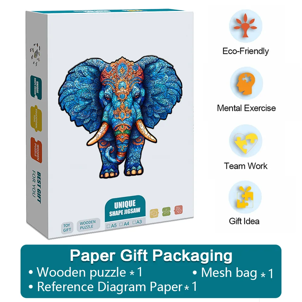 Glacier Blue Elephant - Wooden Jigsaw Puzzles - A2 - Paper Gift Packaging - image 5