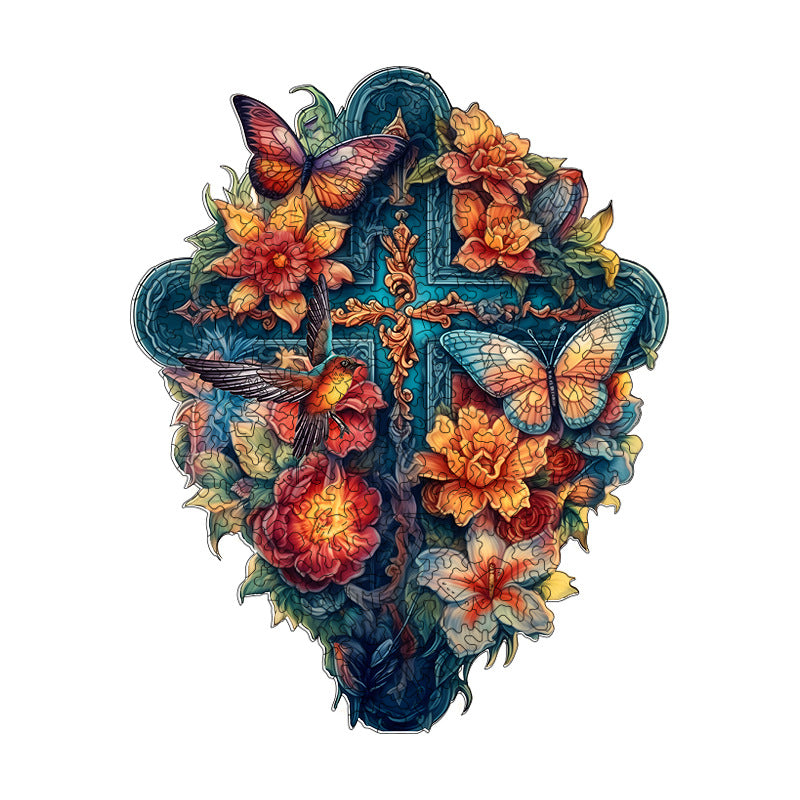Flower And Bird Cross - Wooden Jigsaw Puzzles - image 0