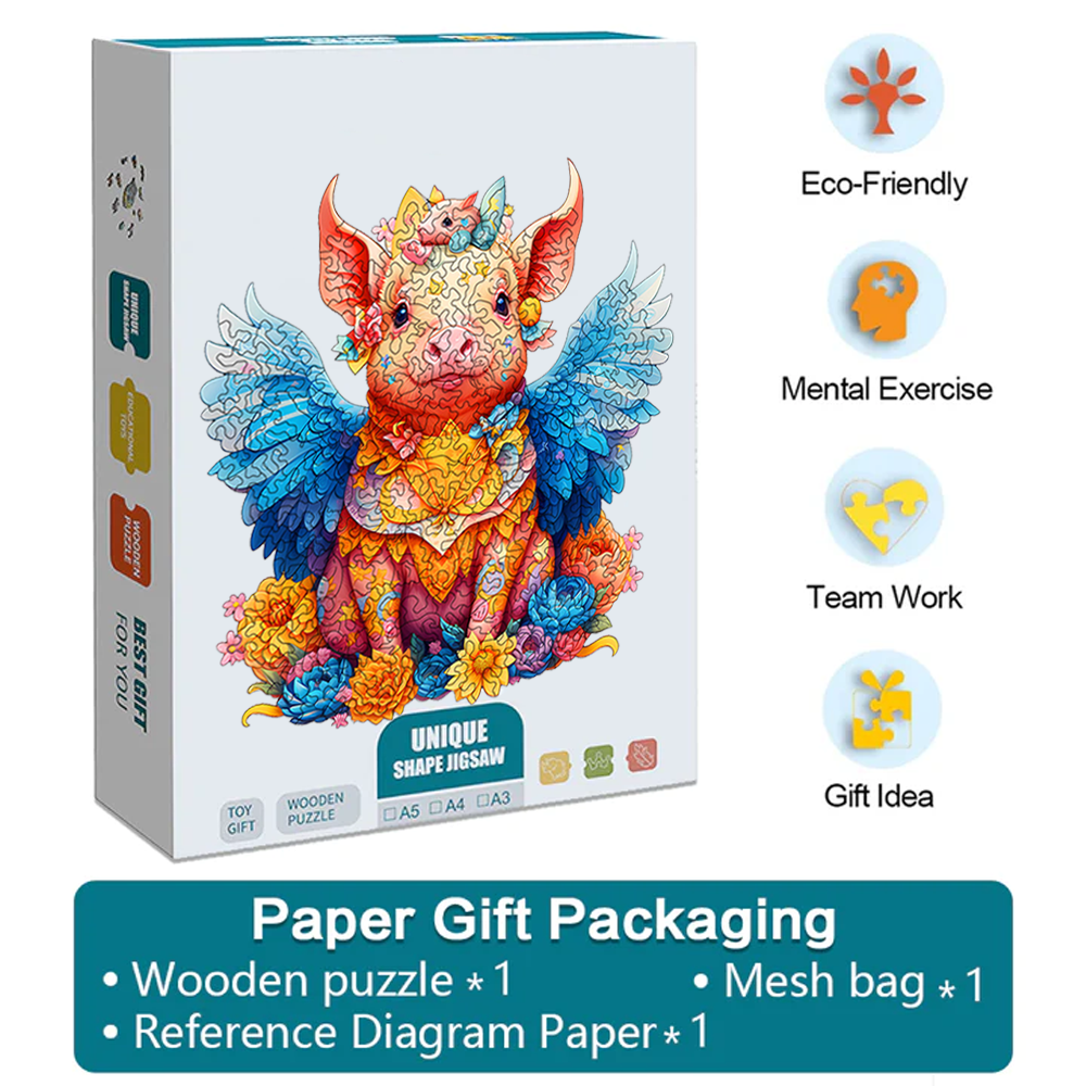 Angel Pig - Wooden Jigsaw Puzzles - A2 - Paper Gift Packaging - image 5