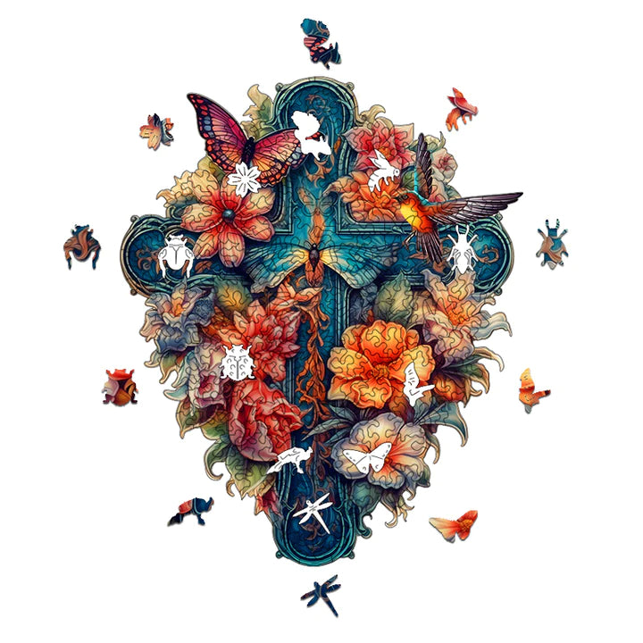 Flower And Bird Cross - Wooden Jigsaw Puzzles - image 1
