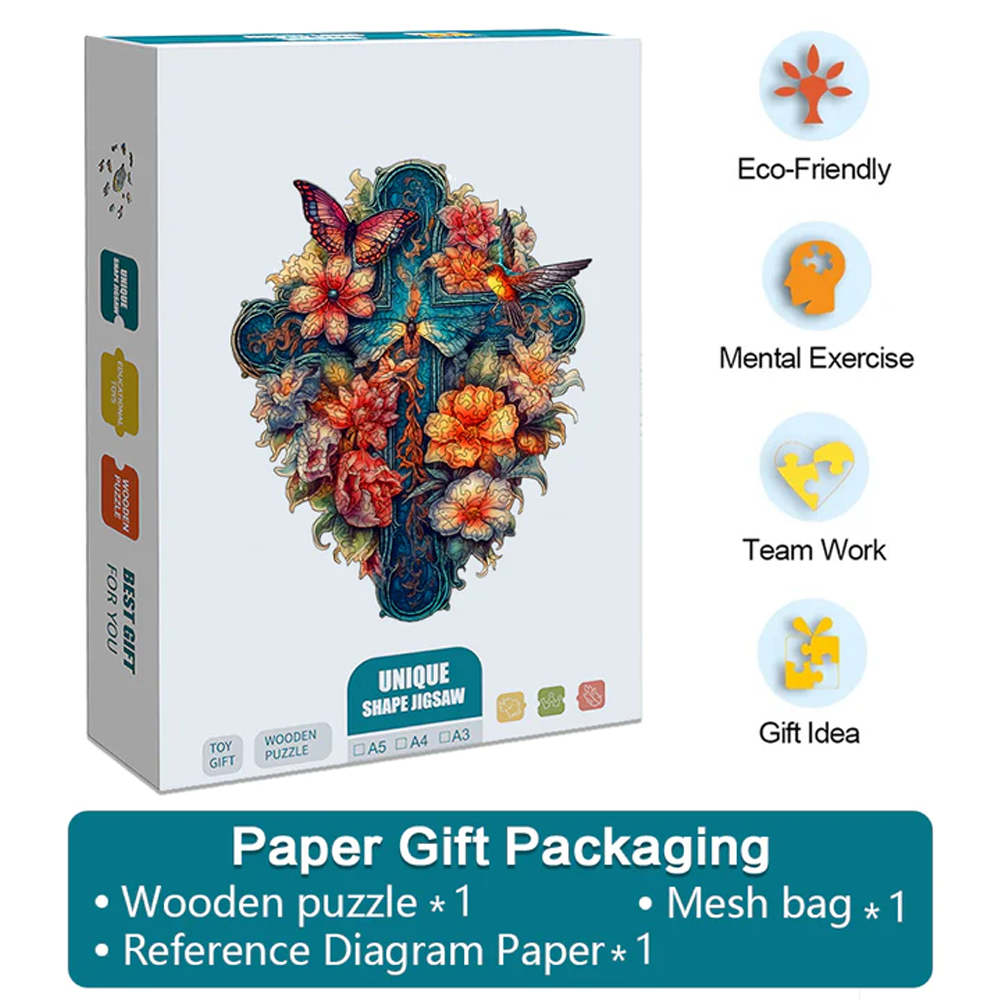 Flower And Bird Cross - Wooden Jigsaw Puzzles - A2 - Paper Gift Packaging - image 4