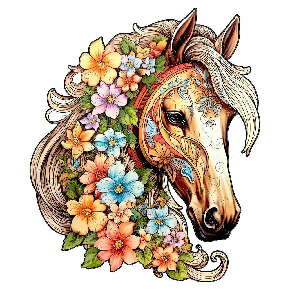 Flower With Horse - Wooden Jigsaw Puzzles - A3  - image 0