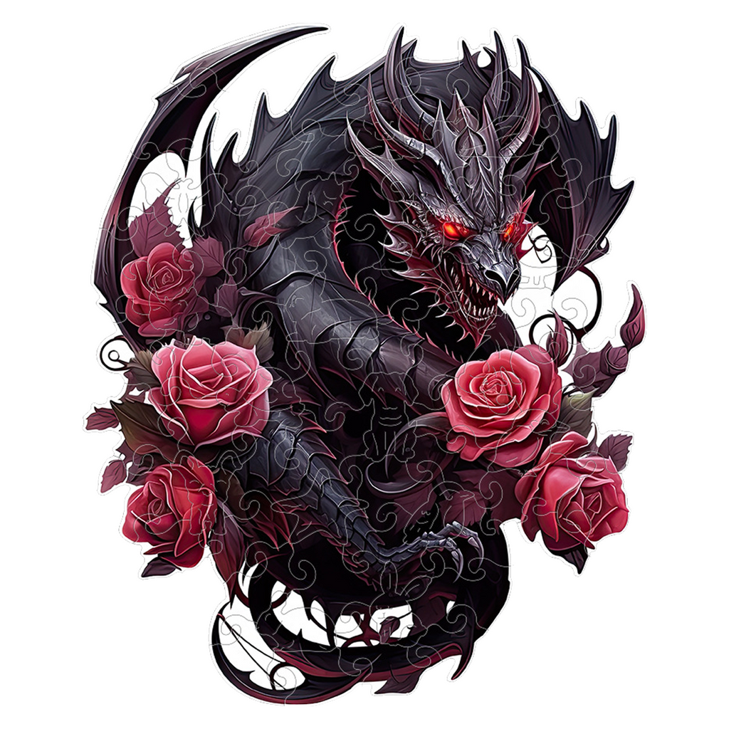 Black Dragon And Roses - Wooden Jigsaw Puzzle - A3 - image 0