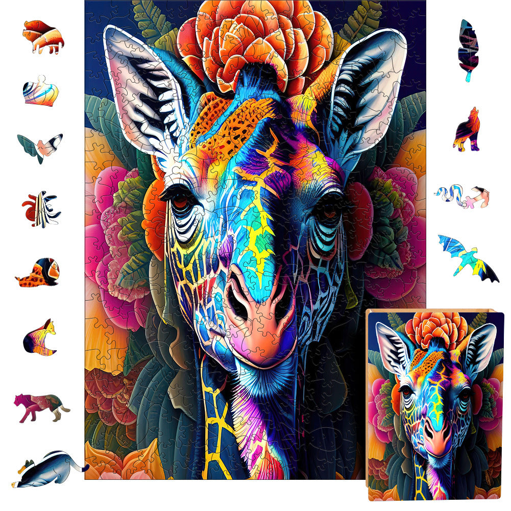Rainbow Mandala Giraffe - Wooden Jigsaw Puzzle - image 1