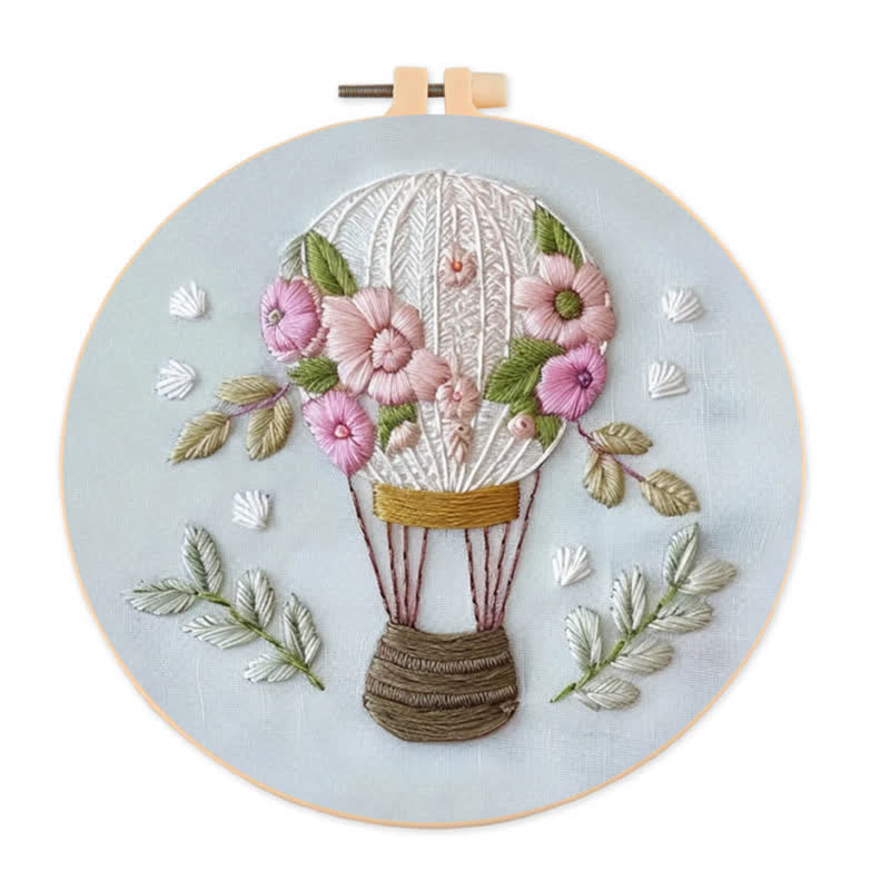 Rubbyoo Embroidery Kit -Dreamy Hot Air Balloon with Pastel Flowers | Needlework Gift  For Beginners - 20*20cm - image 0