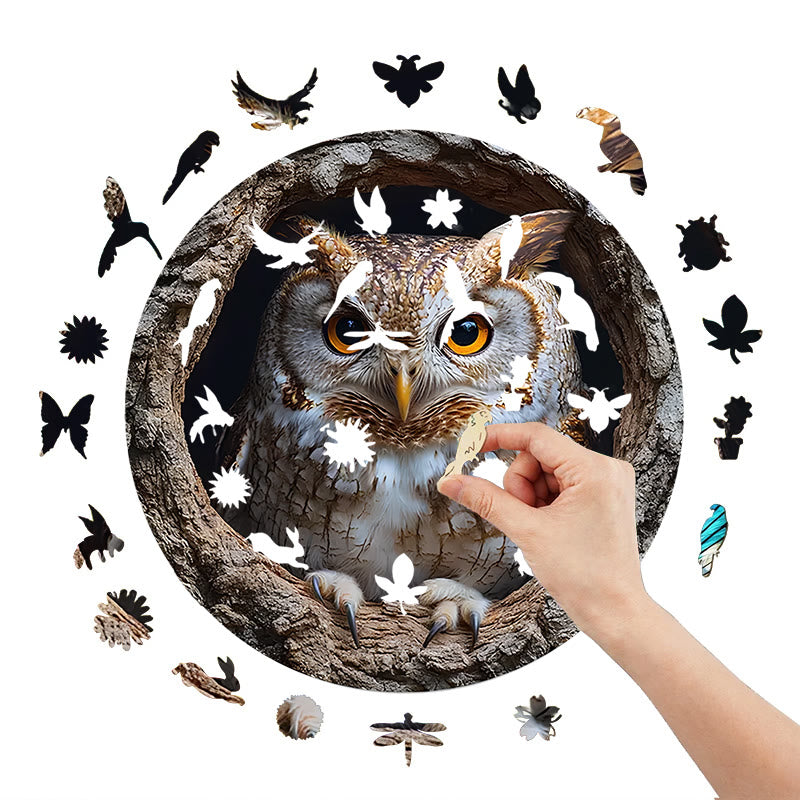 3D Vision Owl Nestled Within Tree - Wooden Jigsaw Puzzle - image 2