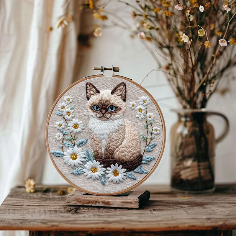 Rubbyoo Embroidery Kit - Cat And Flower |  Diy Craft Kit - image 1
