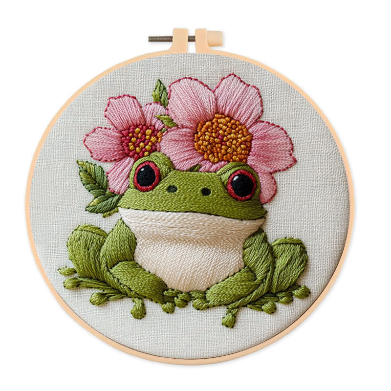 Rubbyoo Embroidery Kit - Frog With Flowers |  Needlework Craft For Beginner - 20*20cm - image 0