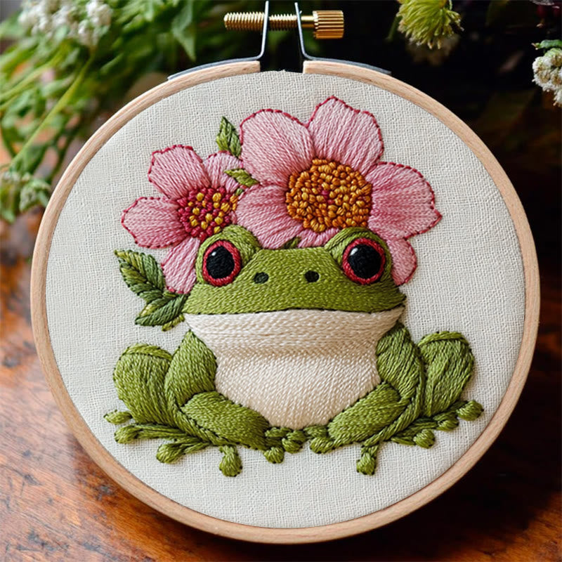 Rubbyoo Embroidery Kit - Frog With Flowers |  Needlework Craft For Beginner - image 1