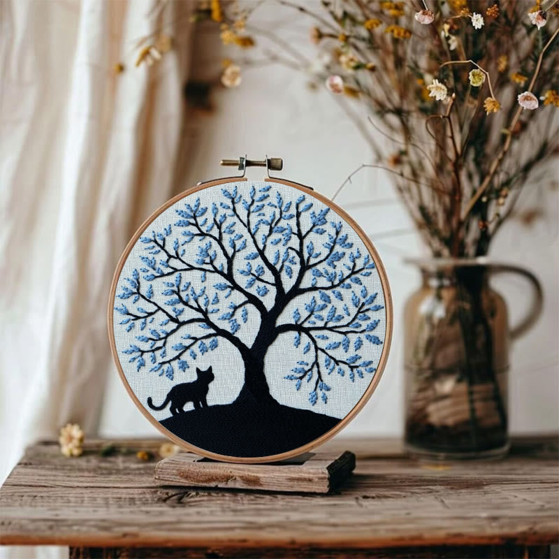 Rubbyoo Embroidery Kit - Fantasy Blue Tree And Black Cat | Diy Craft Kit - image 1