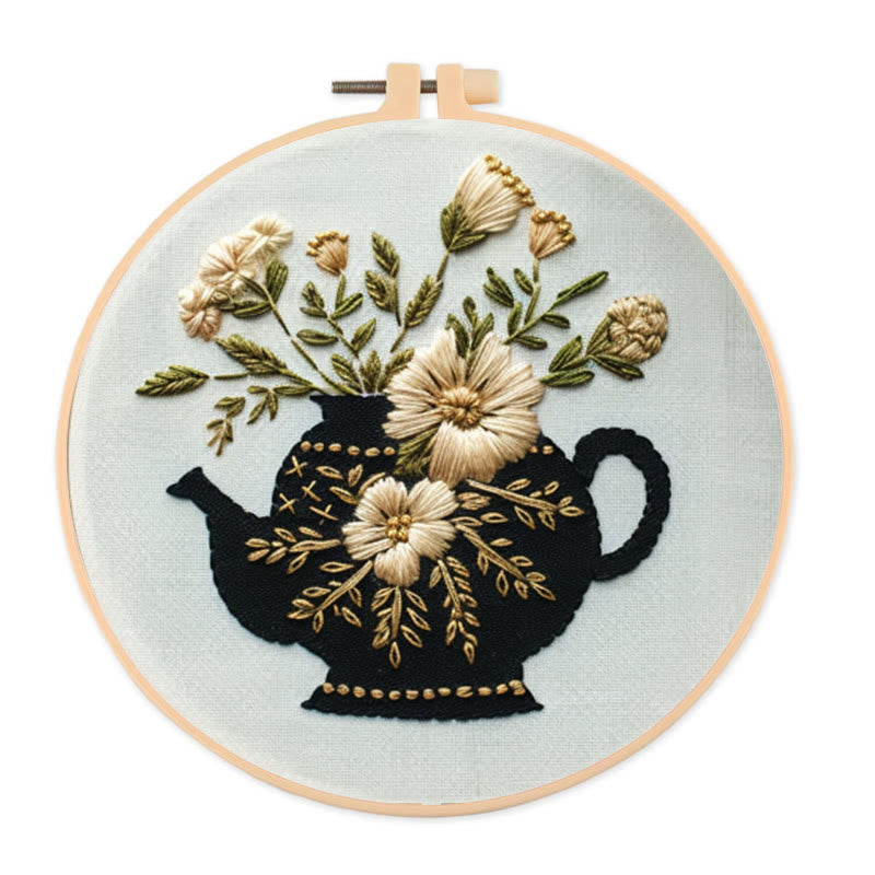 Rubbyoo Embroidery Kit - Black Teapot With Flowers | Diy Needlework Craft - 20*20cm - image 0