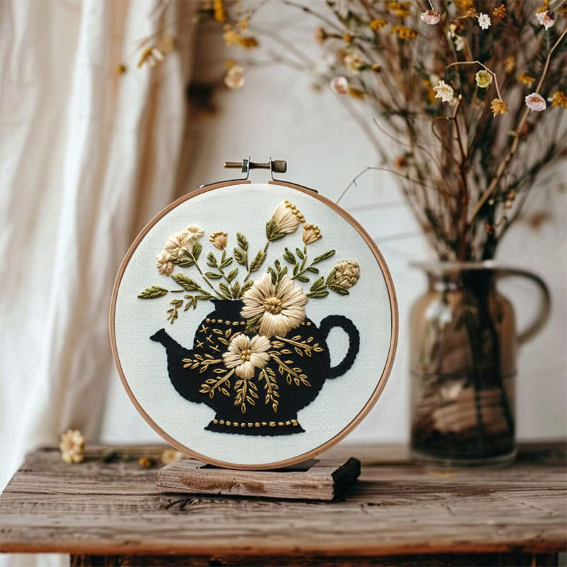 Rubbyoo Embroidery Kit - Black Teapot With Flowers | Diy Needlework Craft - image 3