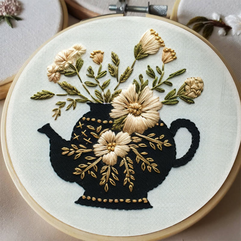 Rubbyoo Embroidery Kit - Black Teapot With Flowers | Diy Needlework Craft - image 2