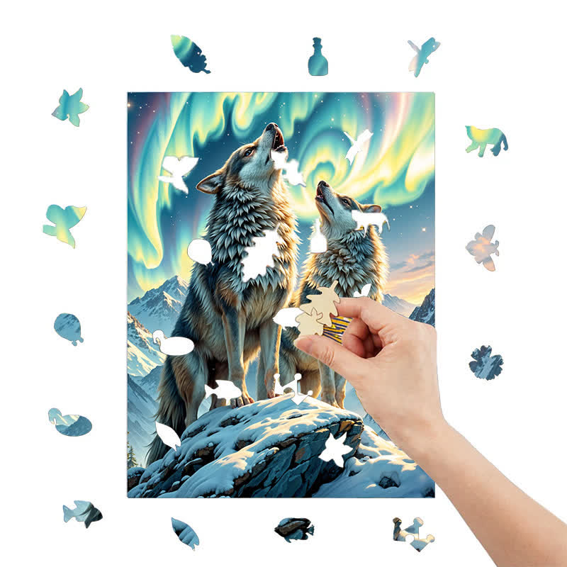 Wolves In The Northern Lights - Wooden Jigsaw Puzzle - image 1