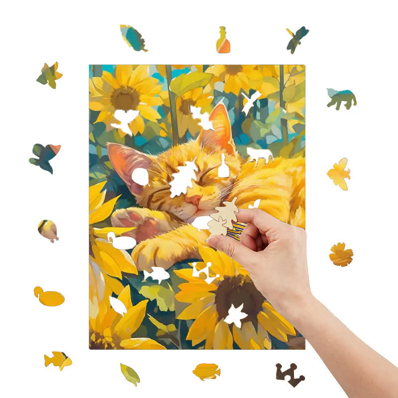 Brown Tabby Cat In Sunflower Field - Wooden Jigsaw Puzzle - image 4