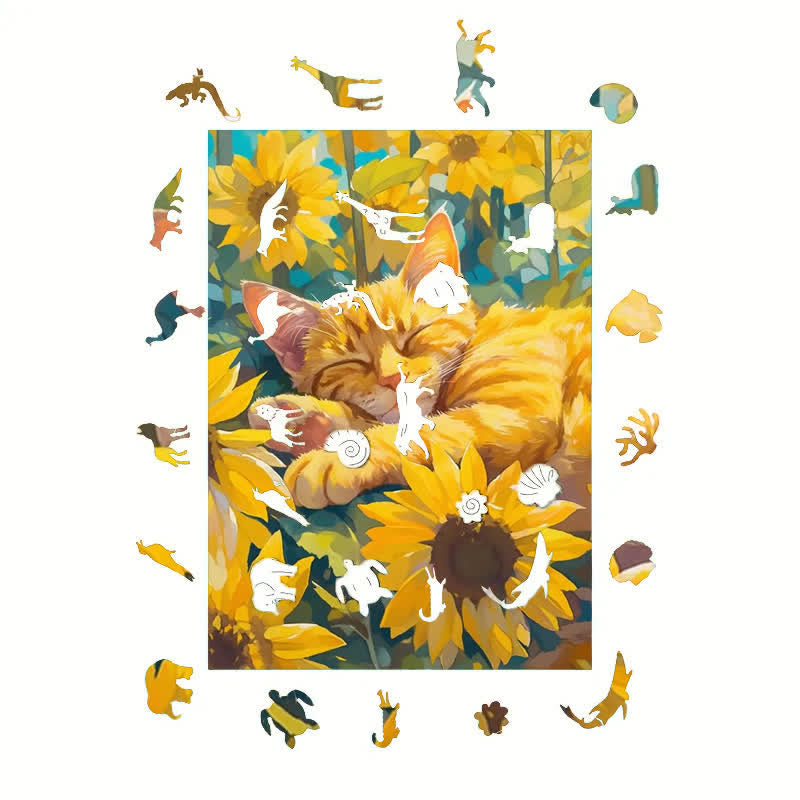 Brown Tabby Cat In Sunflower Field - Wooden Jigsaw Puzzle - image 3