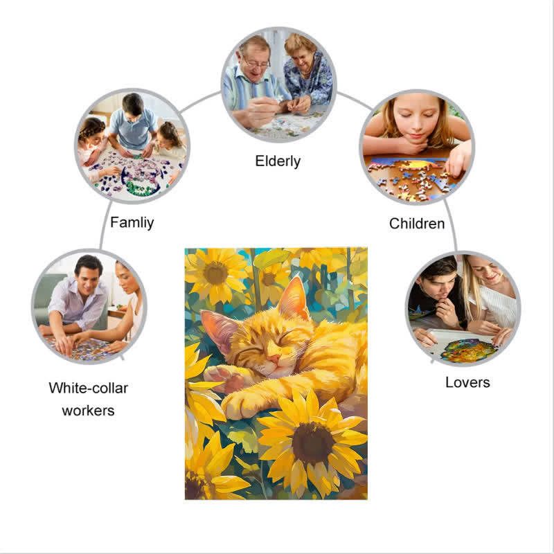 Brown Tabby Cat In Sunflower Field - Wooden Jigsaw Puzzle - image 1