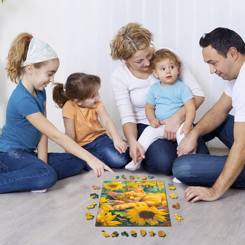 Brown Tabby Cat In Sunflower Field - Wooden Jigsaw Puzzle - image 5