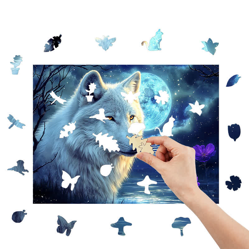Lone Wolf in the Moonlight - Wooden Jigsaw Puzzle - image 2
