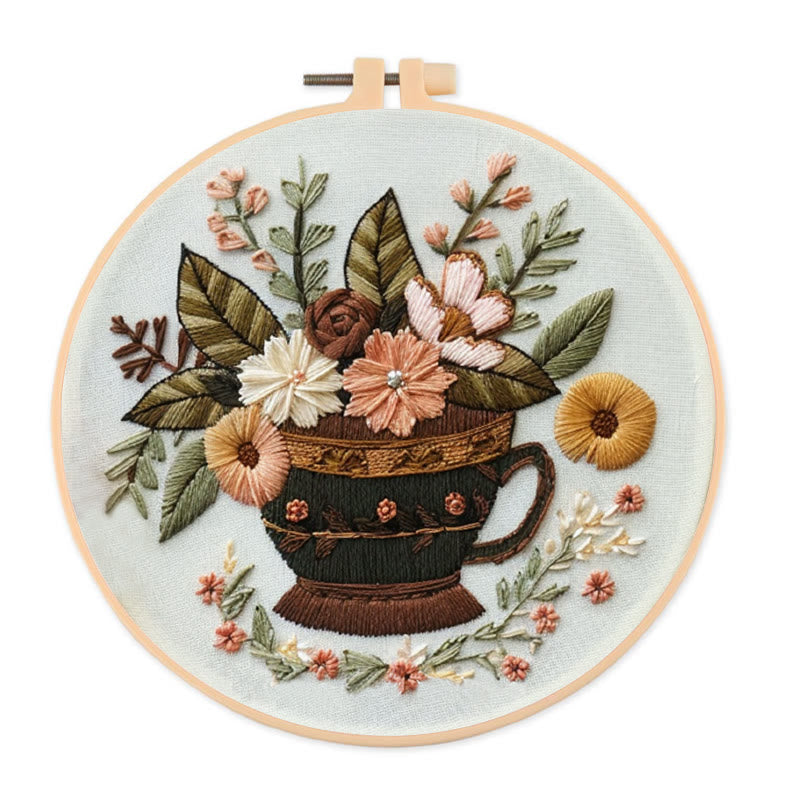 Rubbyoo Embroidery Kit - Coffee Cup With Flowers |  Diy Handmade Gifts - 20*20cm - image 0