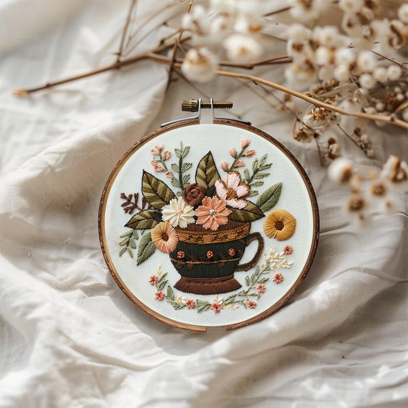Rubbyoo Embroidery Kit - Coffee Cup With Flowers |  Diy Handmade Gifts - image 3