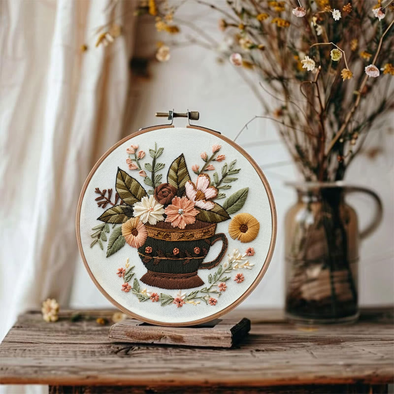 Rubbyoo Embroidery Kit - Coffee Cup With Flowers |  Diy Handmade Gifts - image 4