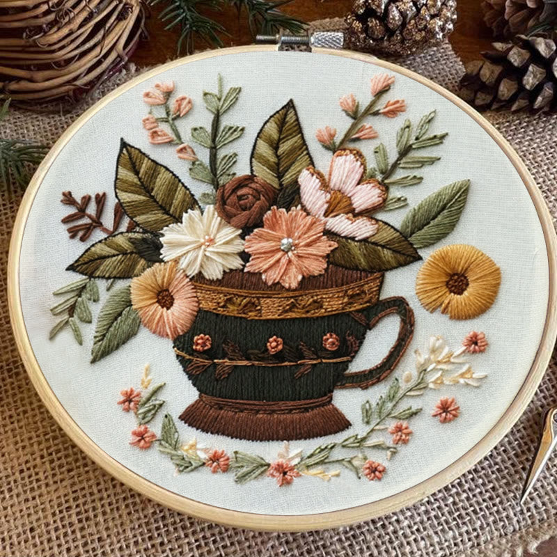 Rubbyoo Embroidery Kit - Coffee Cup With Flowers |  Diy Handmade Gifts - image 2