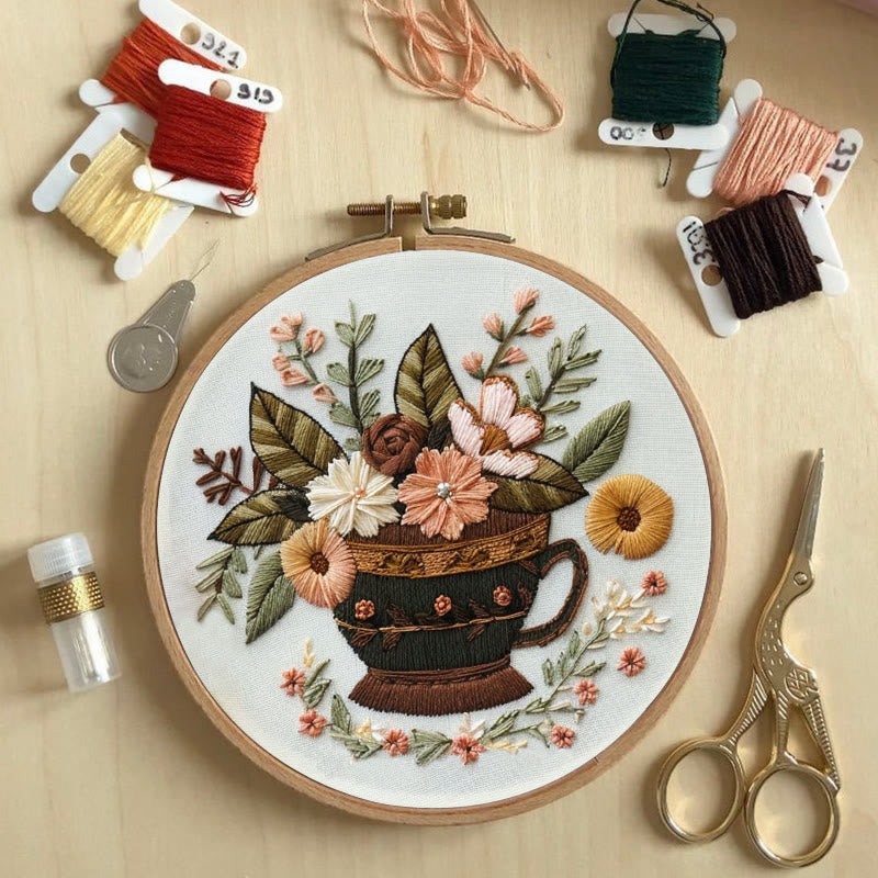 Rubbyoo Embroidery Kit - Coffee Cup With Flowers |  Diy Handmade Gifts - image 7