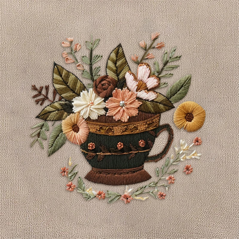 Rubbyoo Embroidery Kit - Coffee Cup With Flowers |  Diy Handmade Gifts - image 9