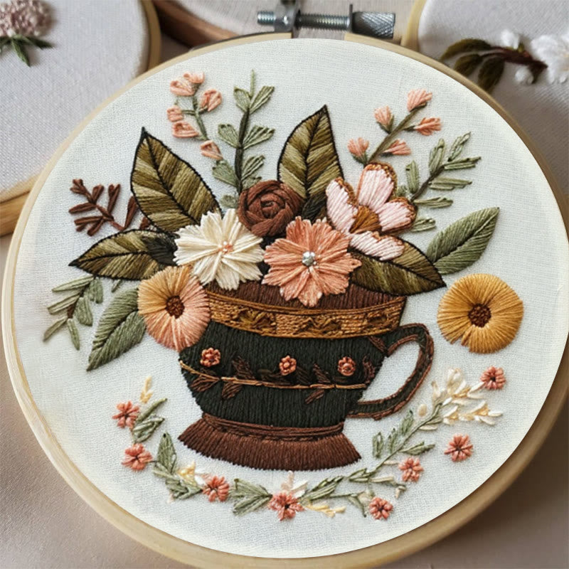 Rubbyoo Embroidery Kit - Coffee Cup With Flowers |  Diy Handmade Gifts - image 5