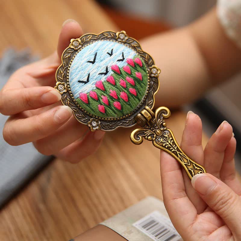 Needle kit Handheld Mirror | Floral Embroidered Compact Mirror | Great gift for your loved one - image 3