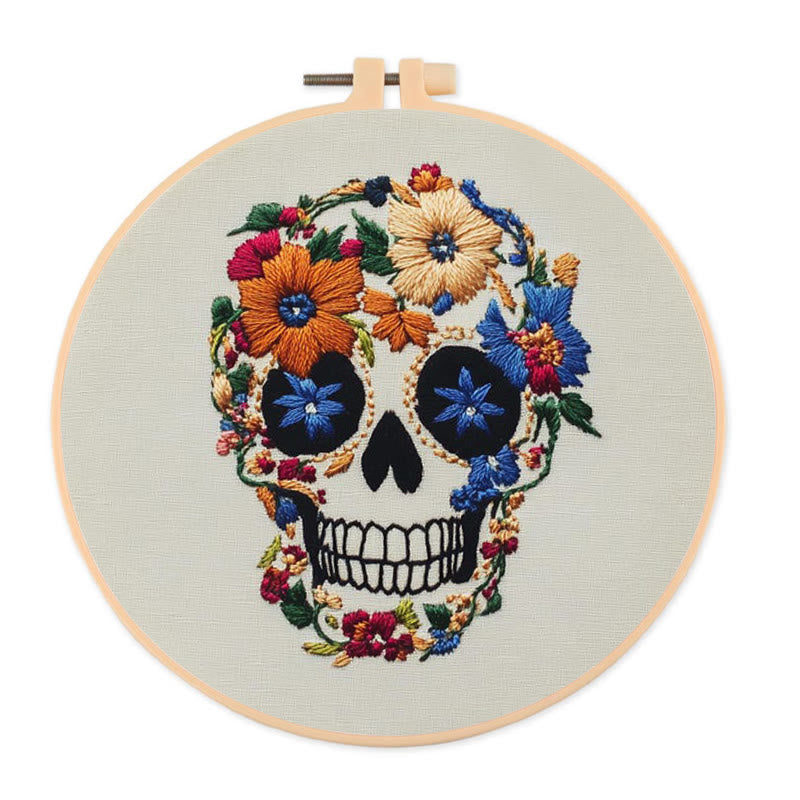 Rubbyoo Embroidery Kit -  Skull With Violet Flowers | Holiday Diy Craft Kit - 20*20cm - image 0
