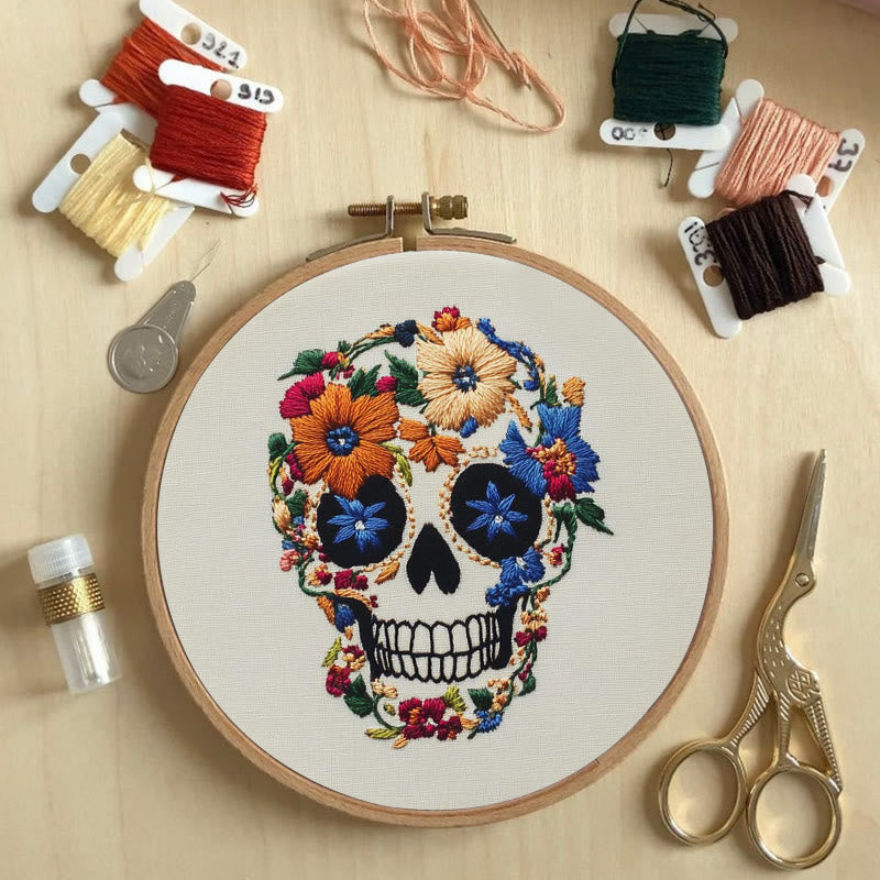 Rubbyoo Embroidery Kit -  Skull With Violet Flowers | Holiday Diy Craft Kit - image 1