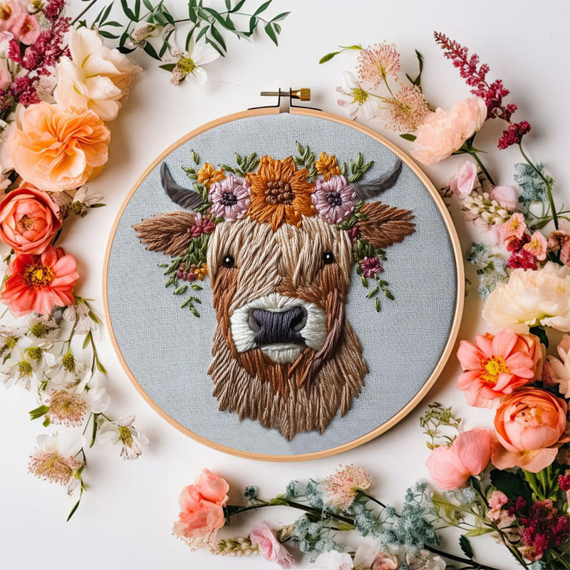 Rubbyoo Embroidery Kit - Floral Highland Cow | DIY Craft Kit - image 1