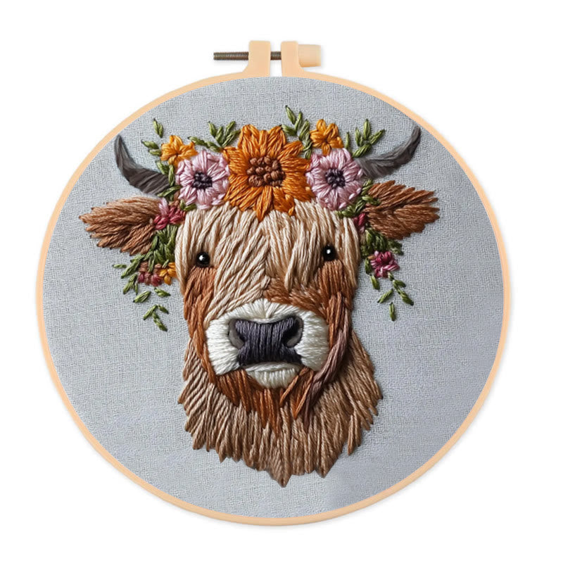 Rubbyoo Embroidery Kit - Floral Highland Cow | DIY Craft Kit - 20*20cm - image 0
