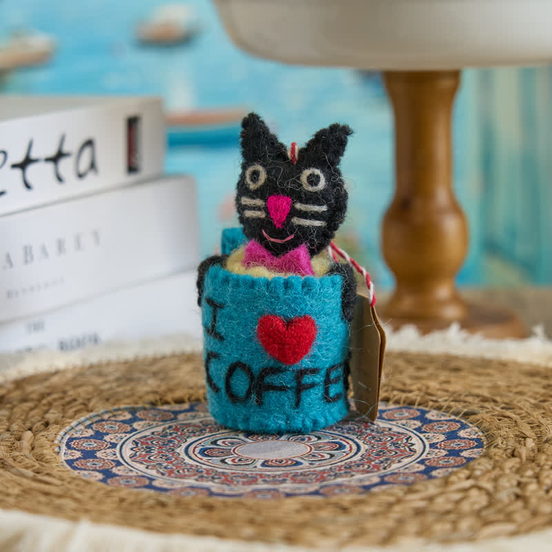 Needle Felted "i Love Coffee" - Handmade Wool Felt Coffee Cup Cat Charm | Nature Lover Gift| Decoration - image 2