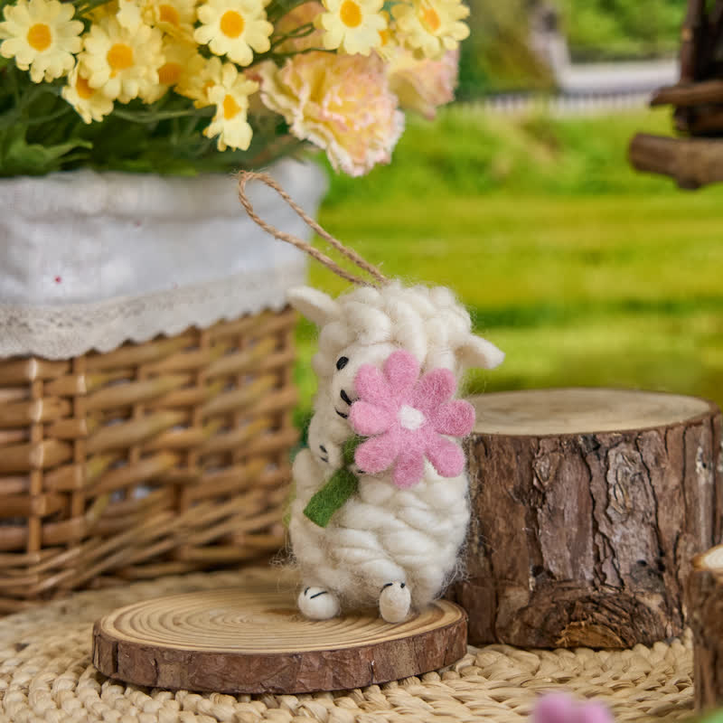 Needle Felted Sheep - Felted Animal| Home Decor| Handmade Gift - White sheep with flower - image 4