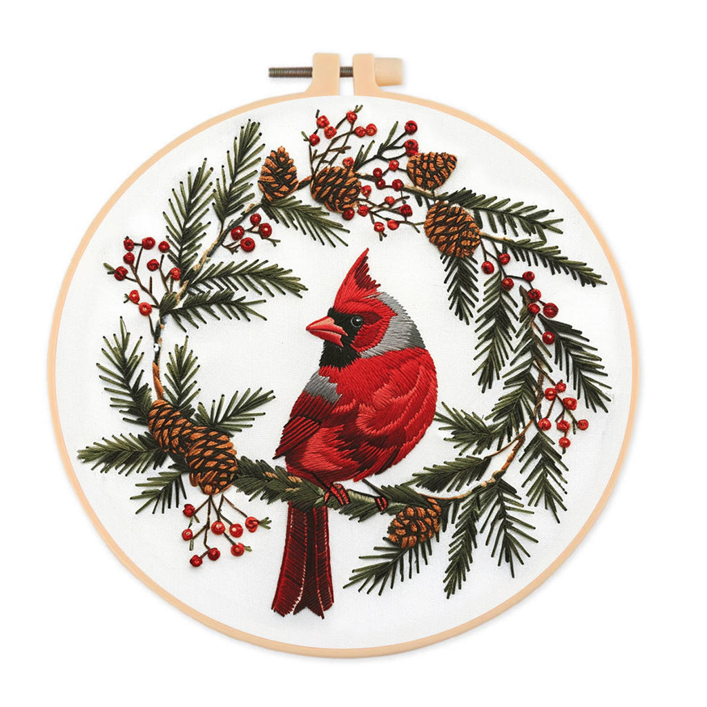 Rubbyoo Embroidery Kit - Cardinal With Pine Cones  | Diy Needle Craft kits - 20*20cm - image 0